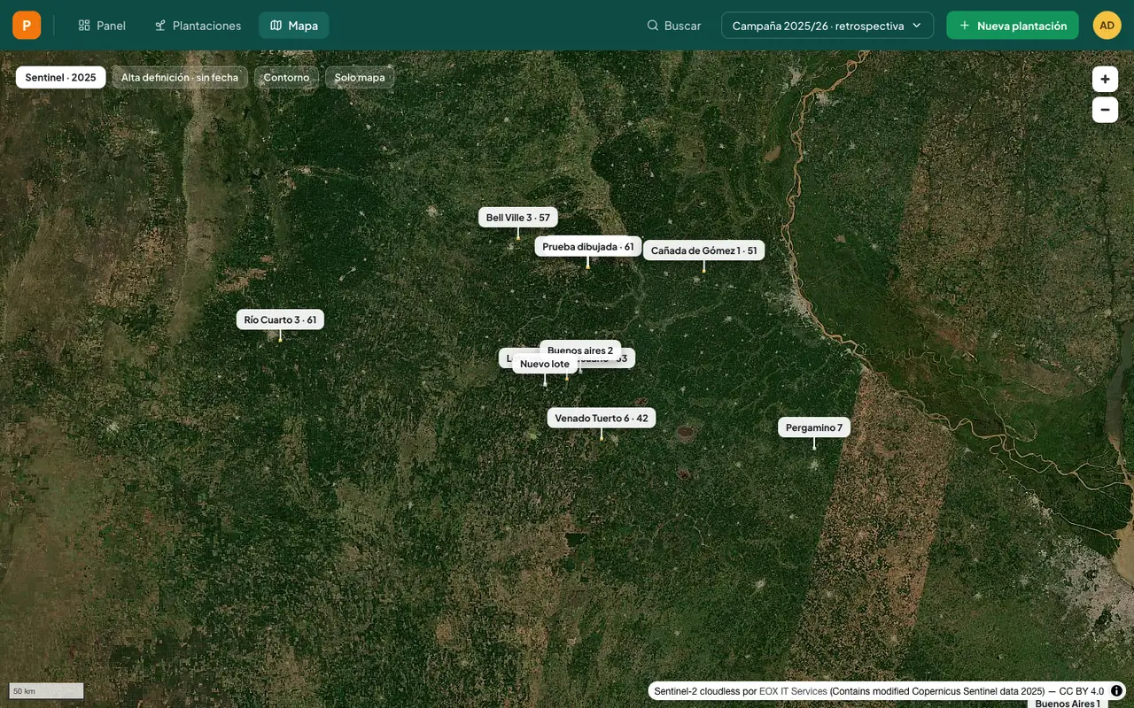 The map view: the whole portfolio pinned across the Sentinel-2 cloudless mosaic of the Pampas