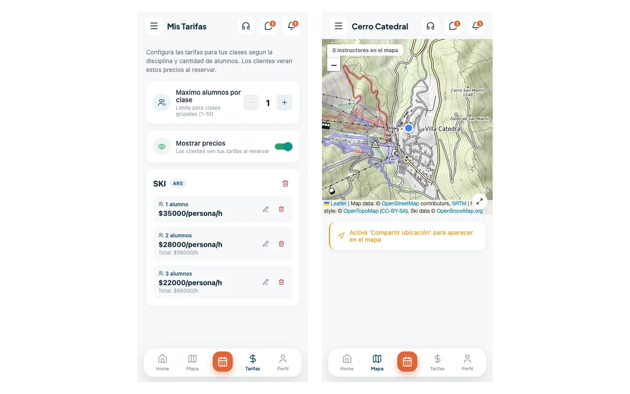 Per-discipline pricing tiers by group size, and the Cerro Catedral piste map